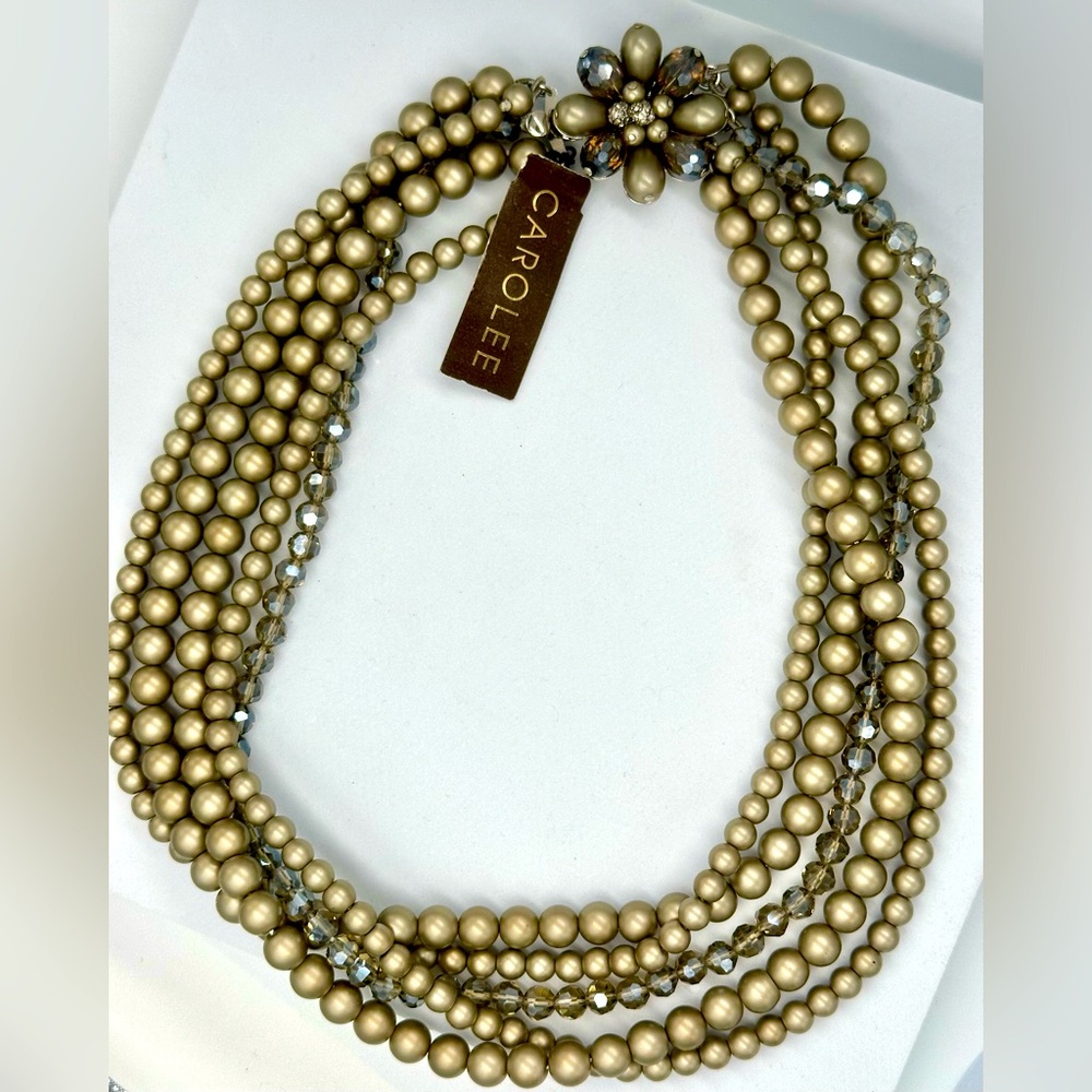 Vintage Carolee Multi Strand Pearl Necklace NOS Faceted Bead Smoky Grey Tan